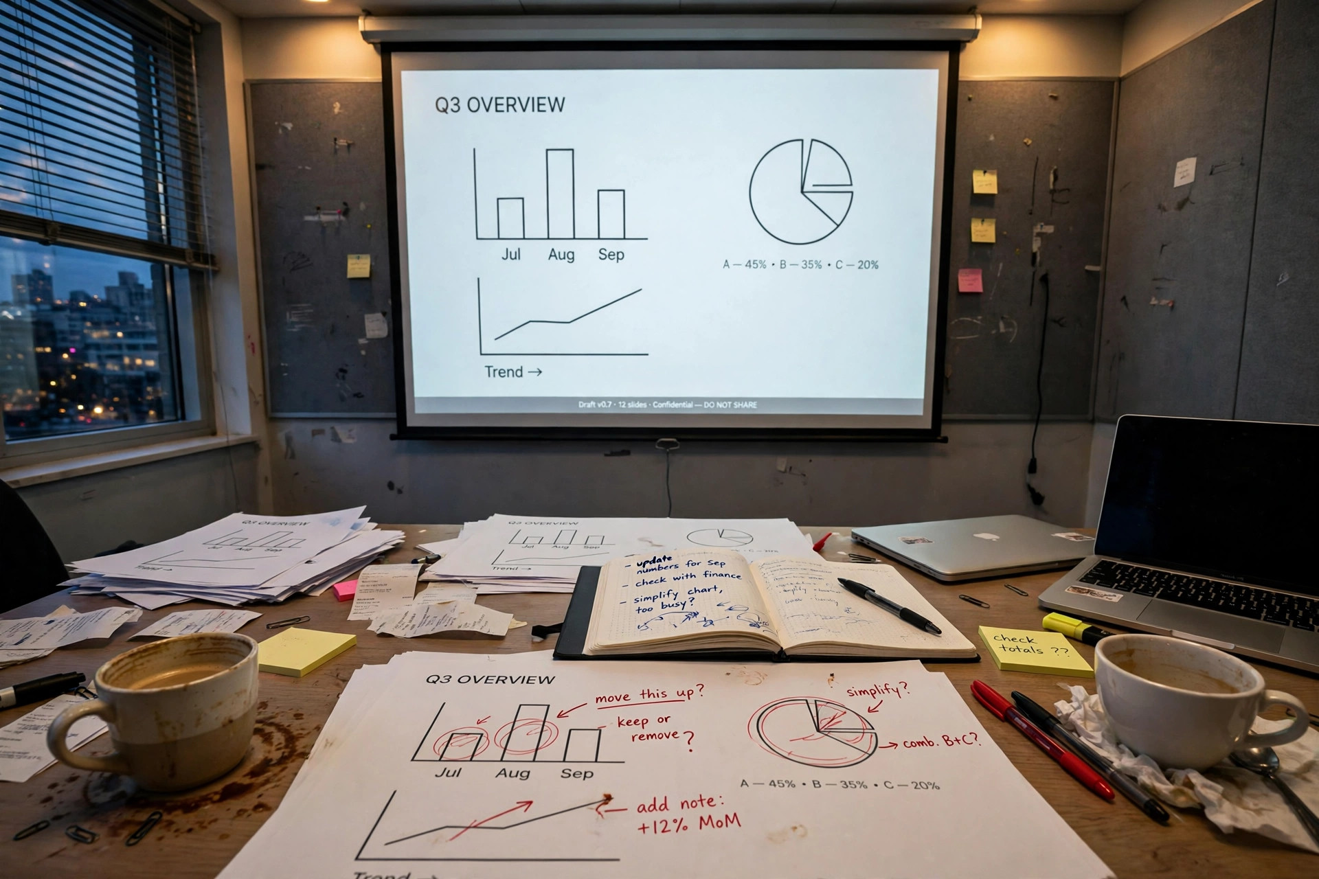 A slide deck in progress on a screen, with printed slides on the table